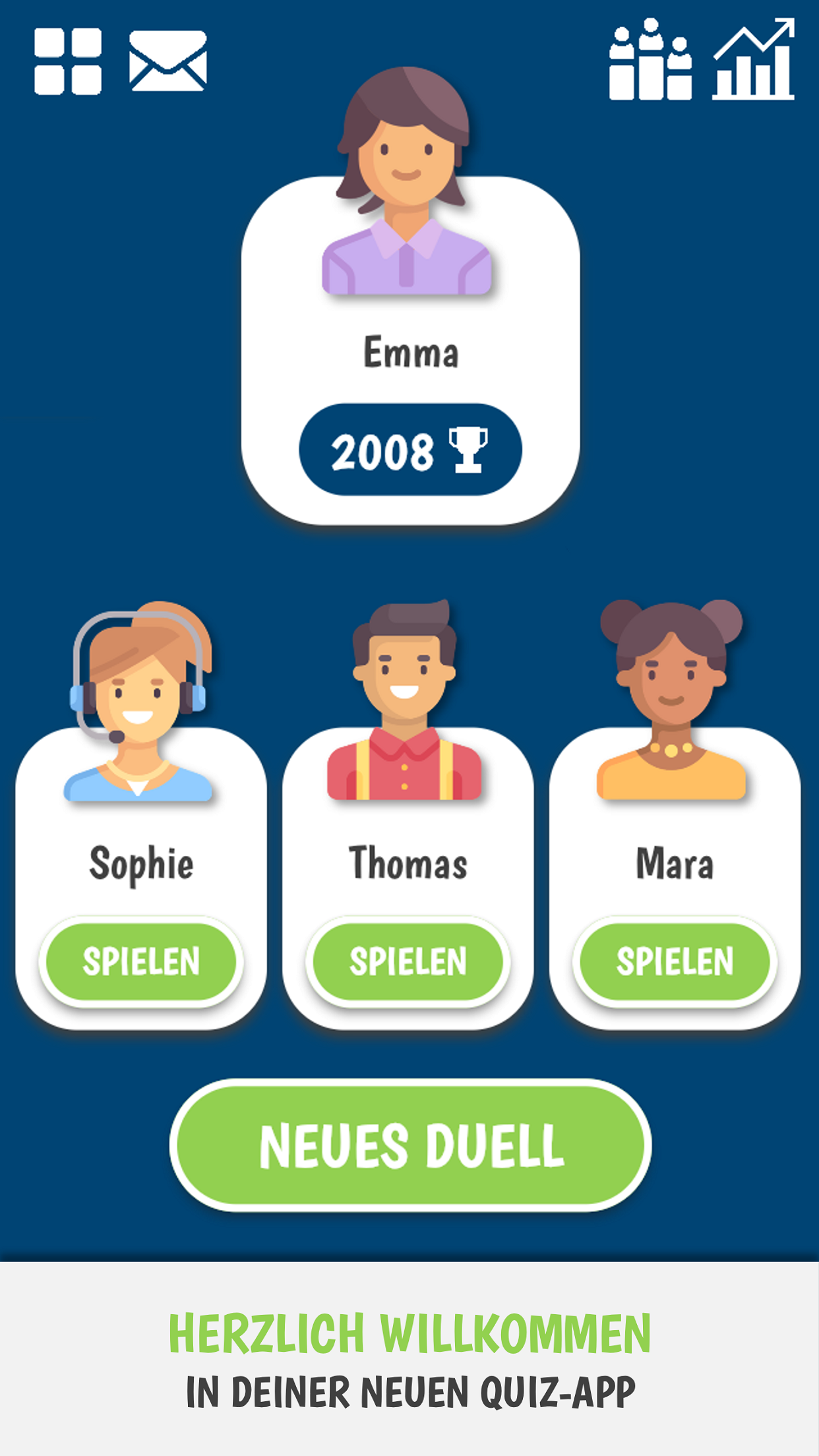 Screenshot der App QuizResort mit folgendem Inhalt: Gezeigt wird der Übersicht-Bildschirm der App QuizResort. Zu sehen ist das Profil der Spielerin "Emma", welche 2.008 Trophäen besitzt. Emma hat drei offene Duelle mit dem Status "Spielen", unter anderem gegen den Guide "Sophie". Das Bild enthält die folgende Bildunterschrift: "Herzlich willkommen in Deiner neuen Quiz-App".